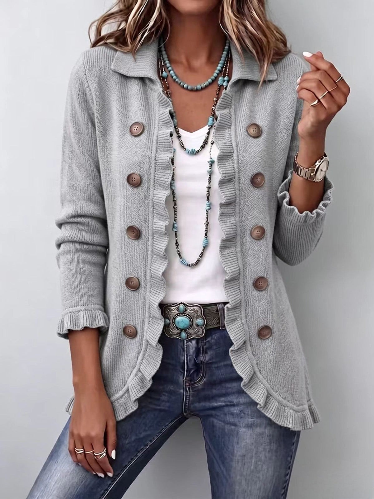 Chaqueta Bruma | Gris jaspeada con volantes