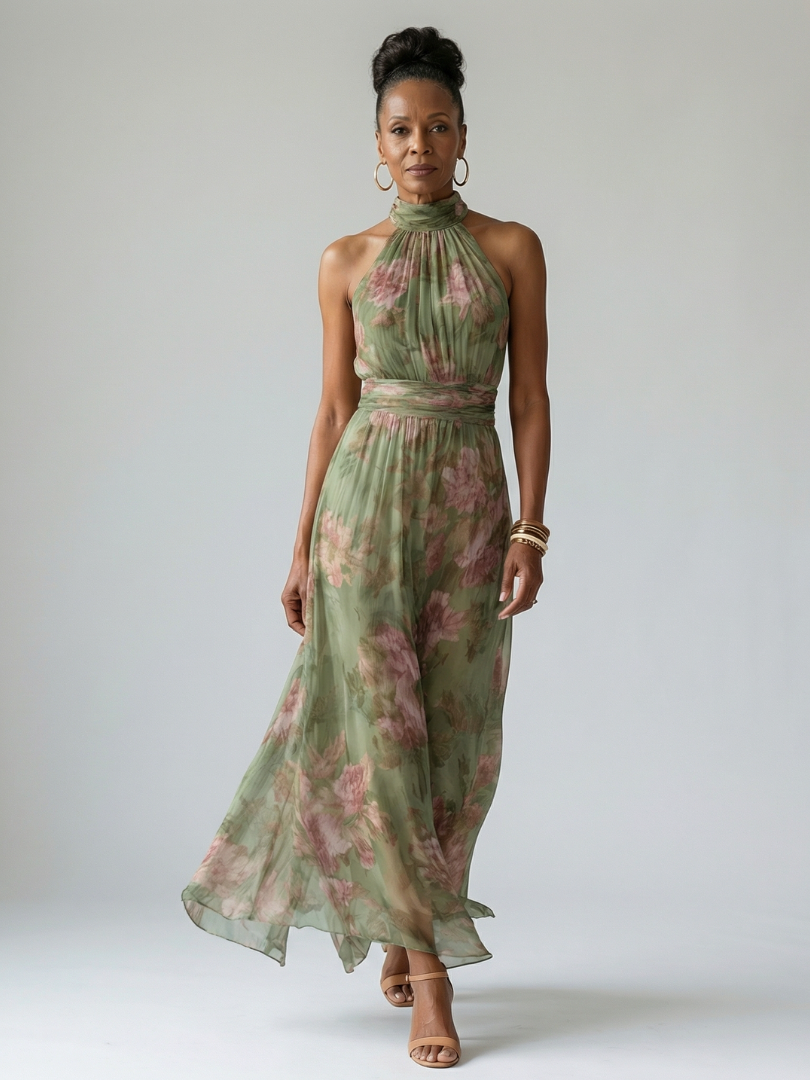 Vestido Susurro de Salvia | Cuello halter y pliegues florales
