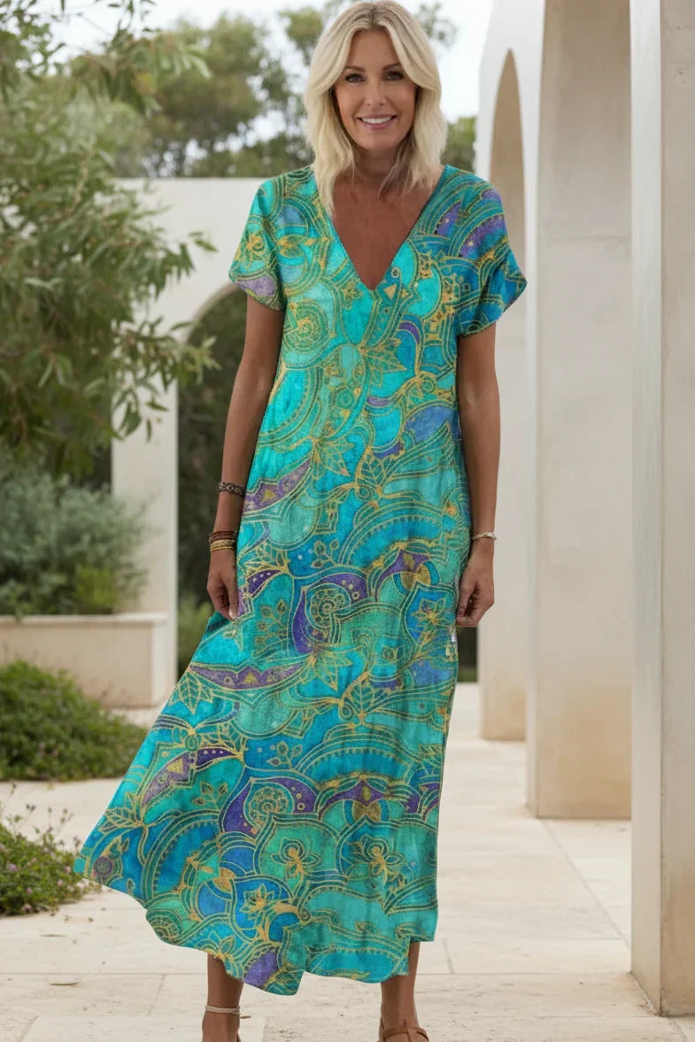 Vestido Atardecer Bohemio | Escote en V y cintura alta