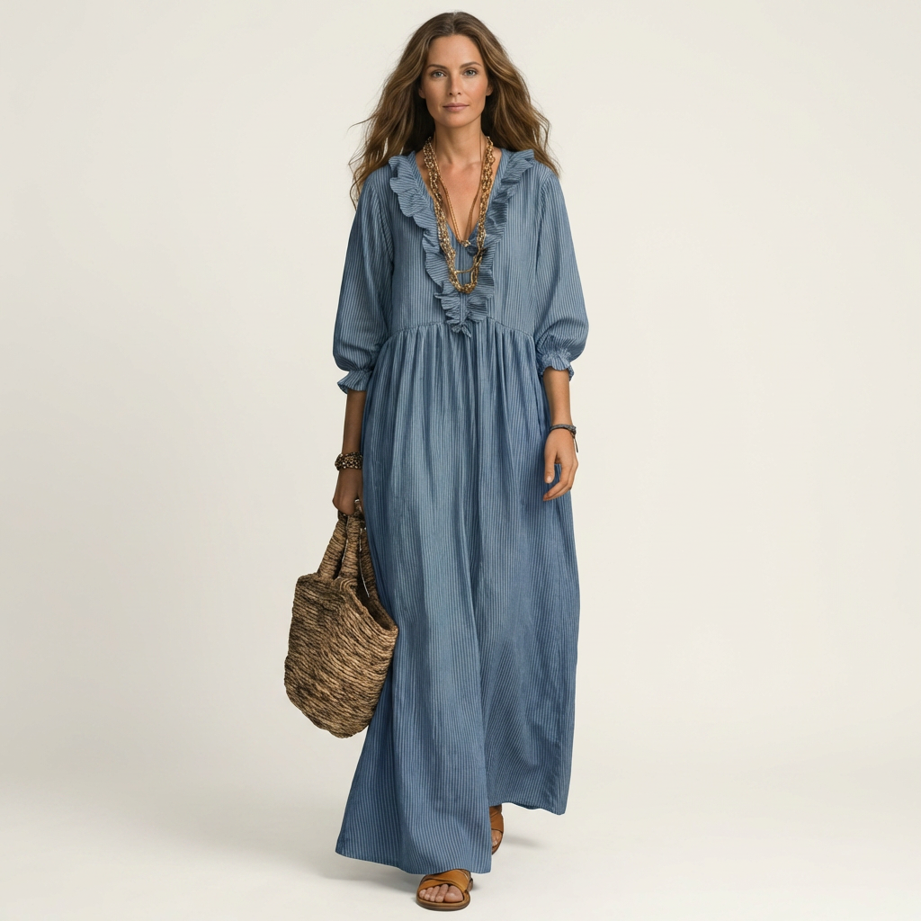 Vestido Costa Azul de rayas y mangas abullonadas