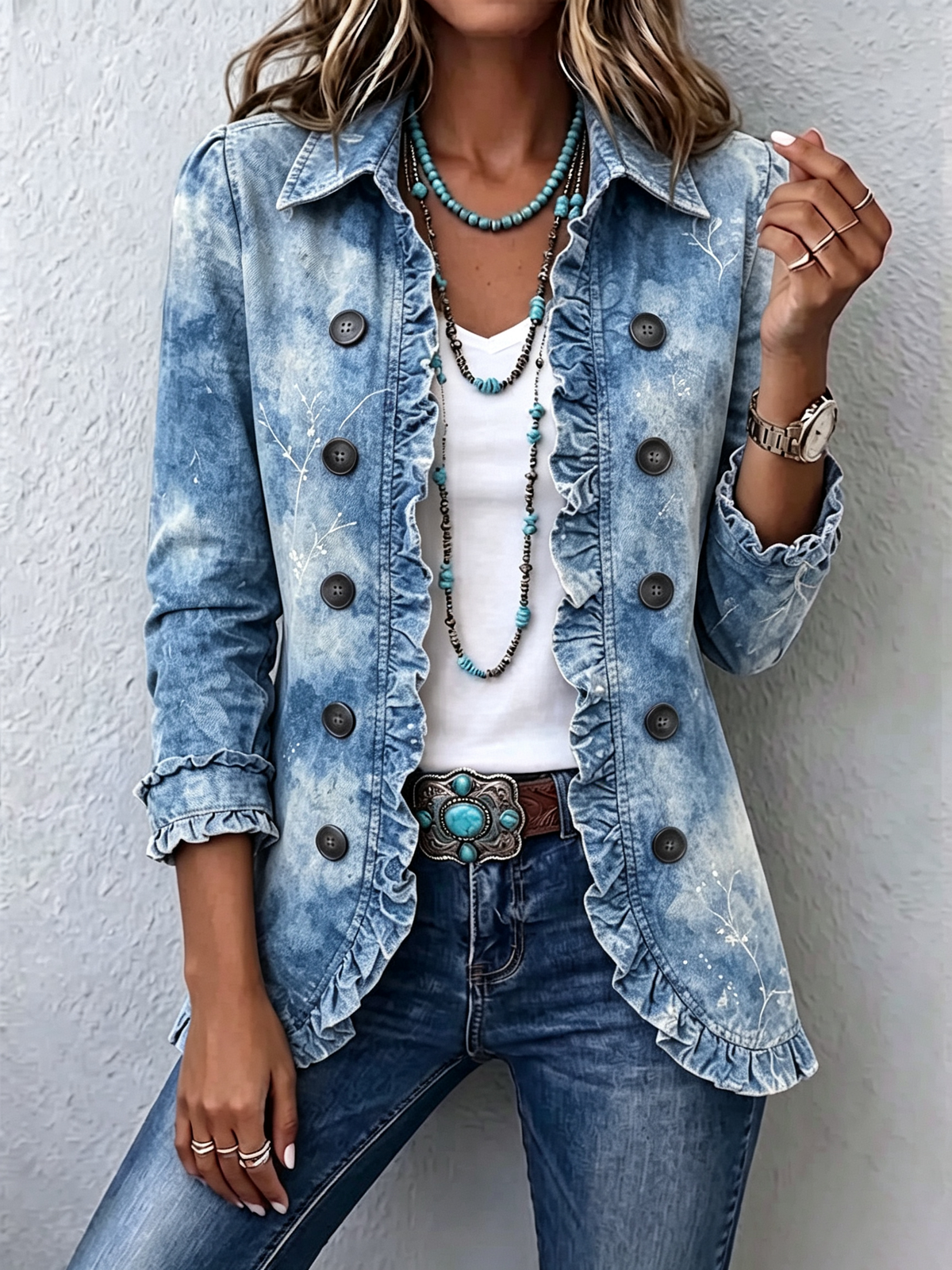 Chaqueta Alborán | Estampado botánico azul y volantes