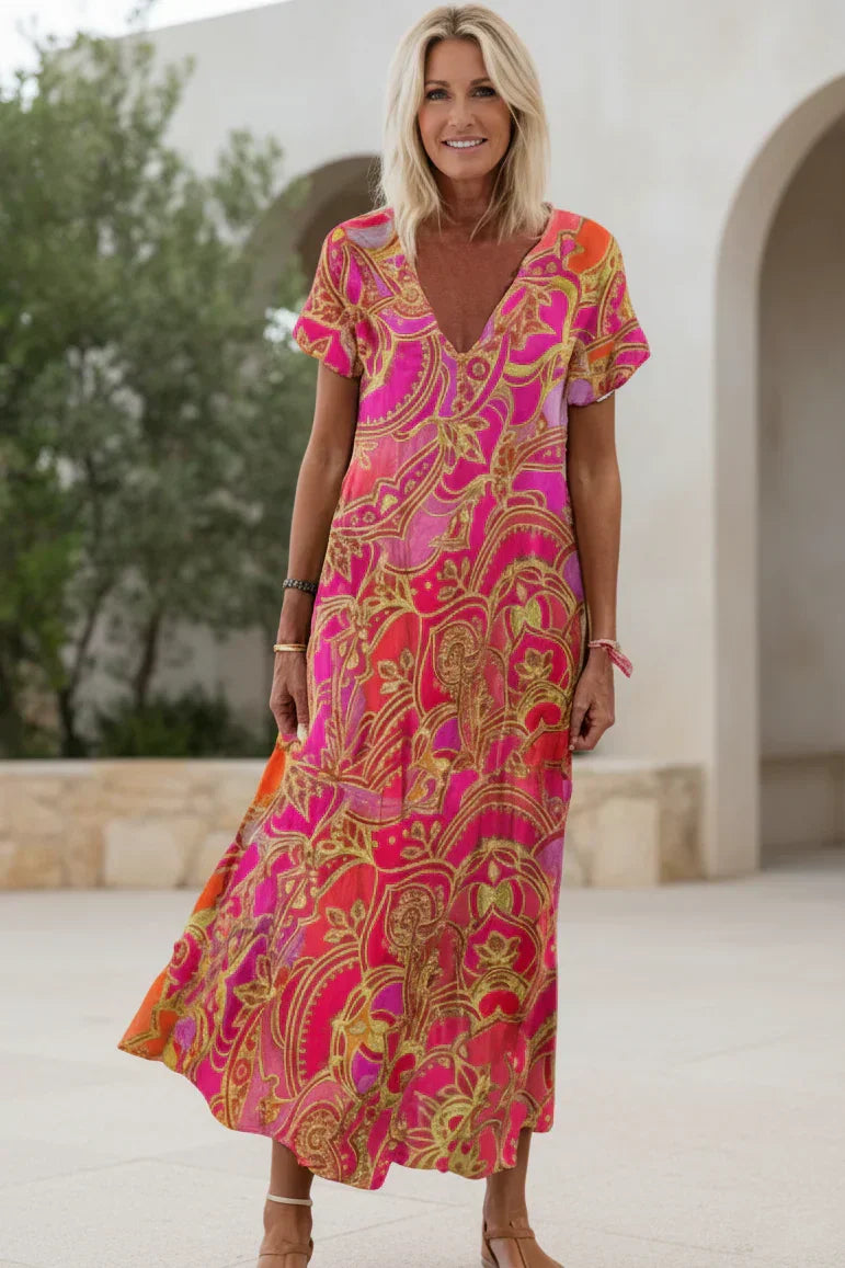 Vestido Atardecer Bohemio | Escote en V y cintura alta