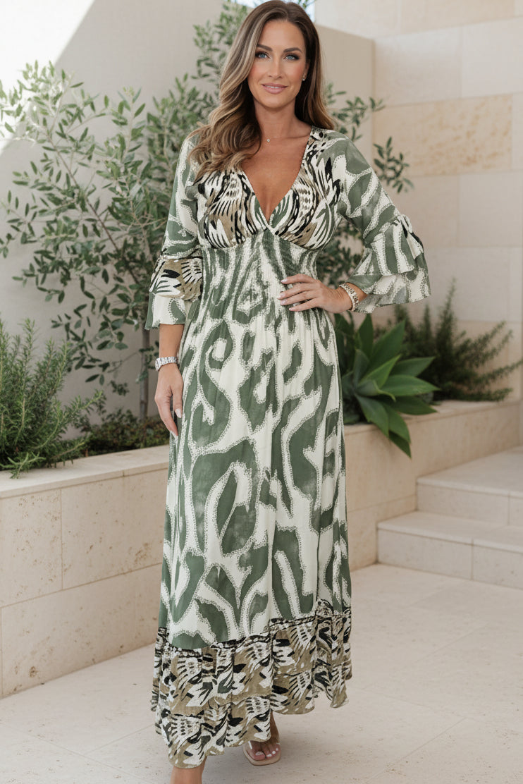 Vestido Selva de Oliva | Estampado mixto y cintura alta