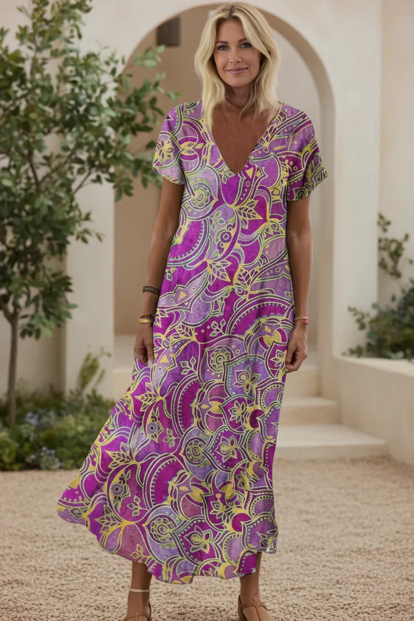 Vestido Atardecer Bohemio | Escote en V y cintura alta