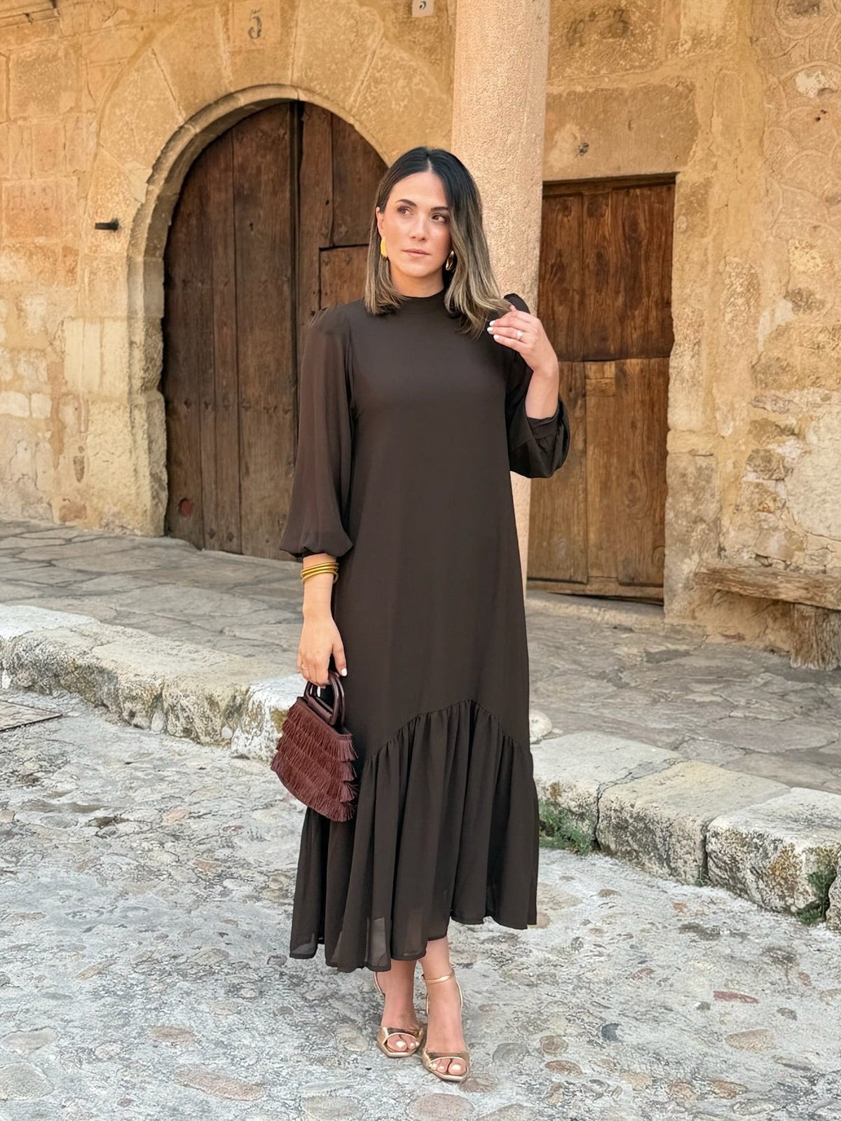 Vestido gasa liso marrón | Andrea