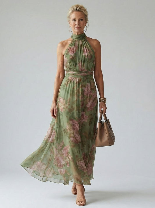 Vestido Susurro de Salvia | Cuello halter y pliegues florales