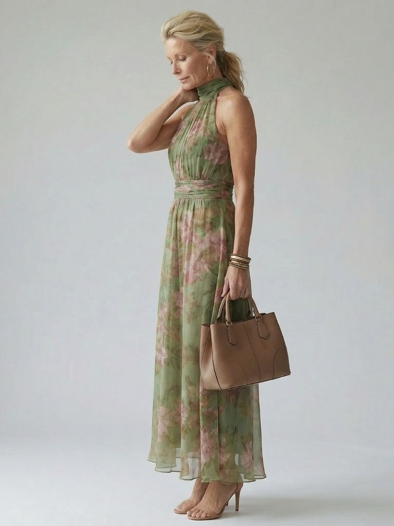Vestido Susurro de Salvia | Cuello halter y pliegues florales