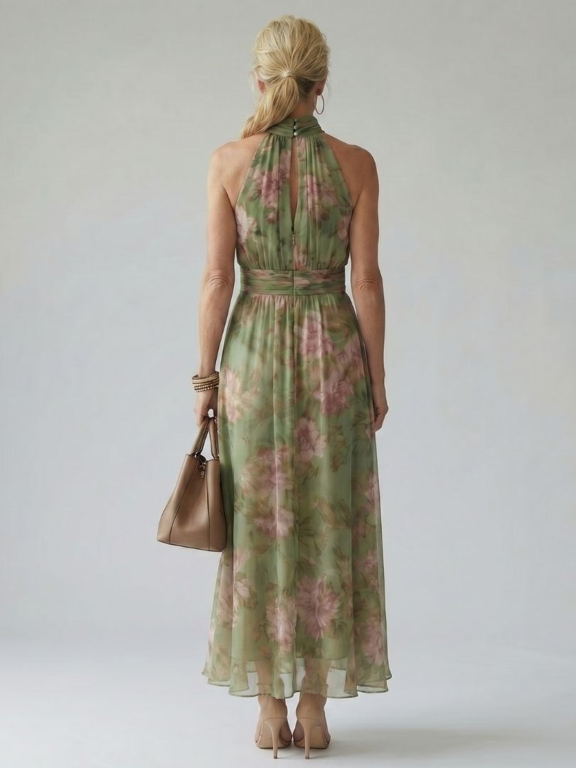 Vestido Susurro de Salvia | Cuello halter y pliegues florales