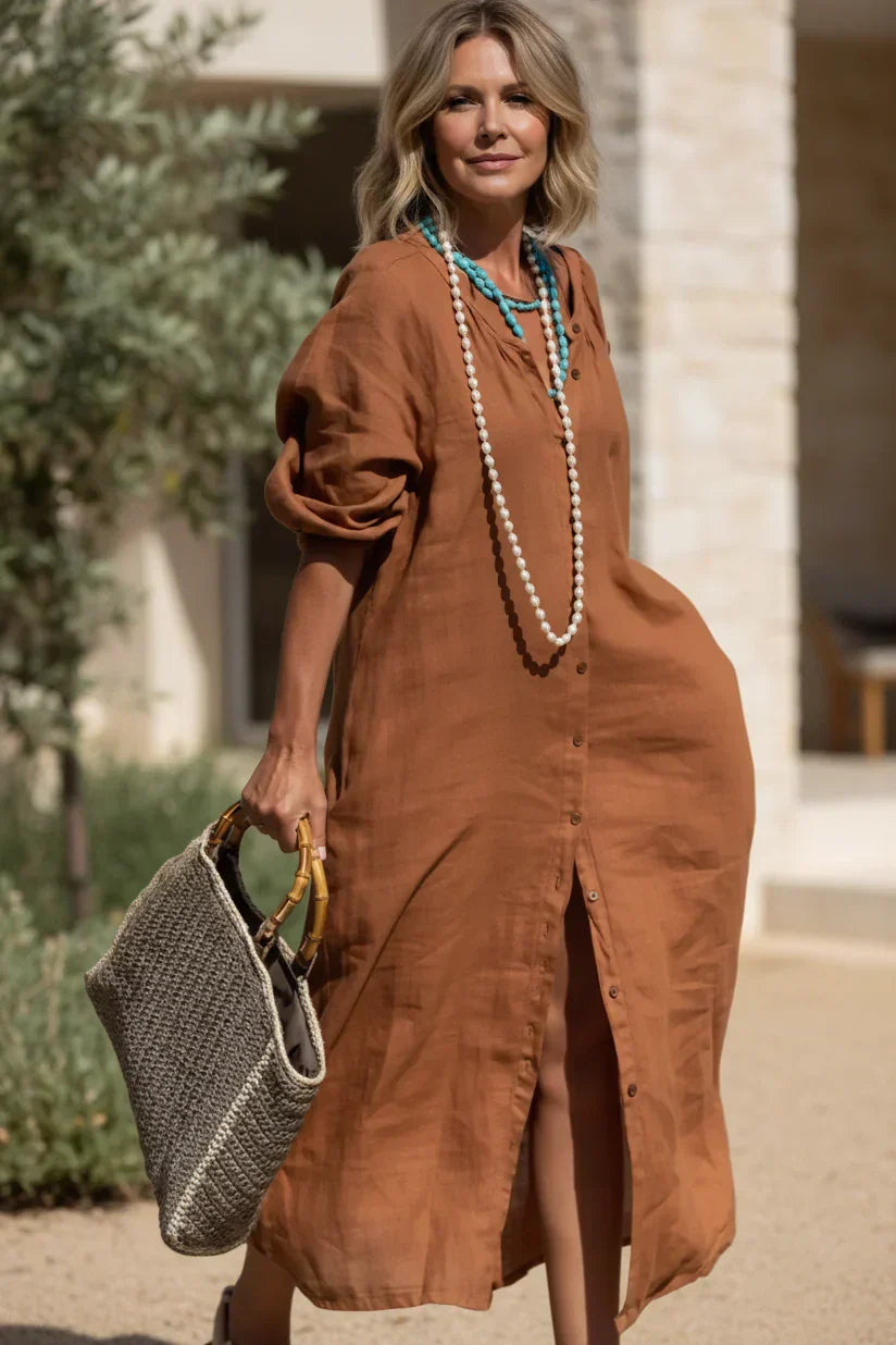 Vestido Tarde de Canela | Camisero liso de caída relajada