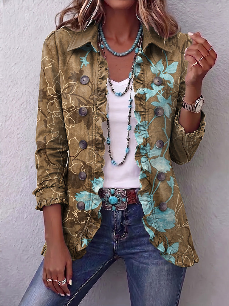 Chaqueta Araceli | Flores oliva y turquesa con volantes