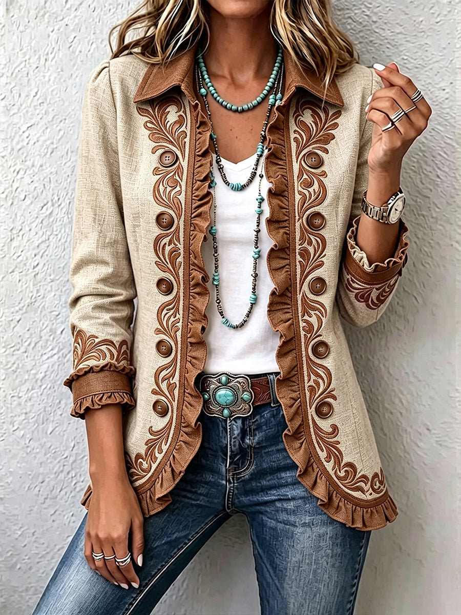 Chaqueta Alhambra | Motivos florales camel y volantes