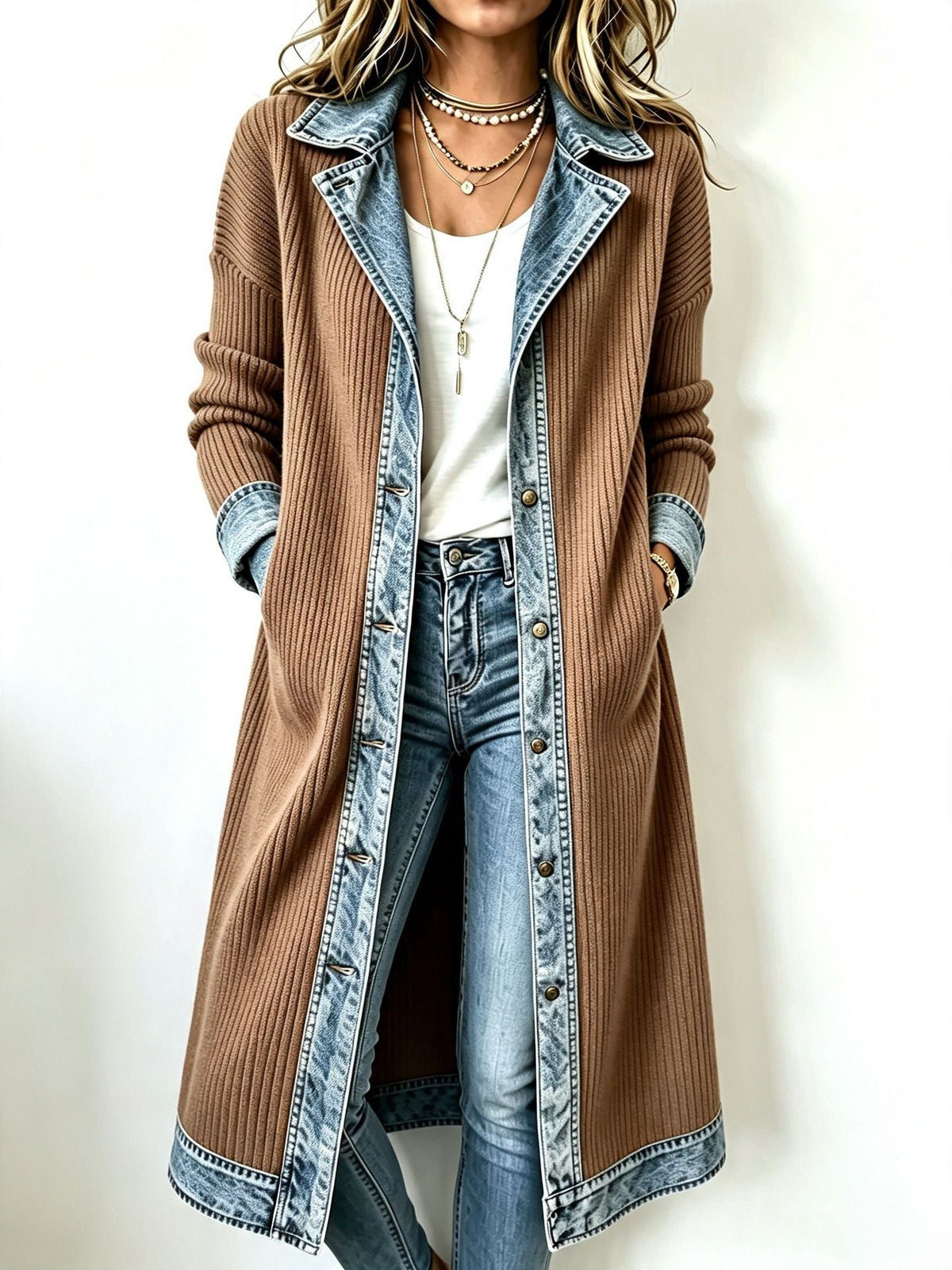 Marina Serena | Chaqueta larga con ribetes en contraste